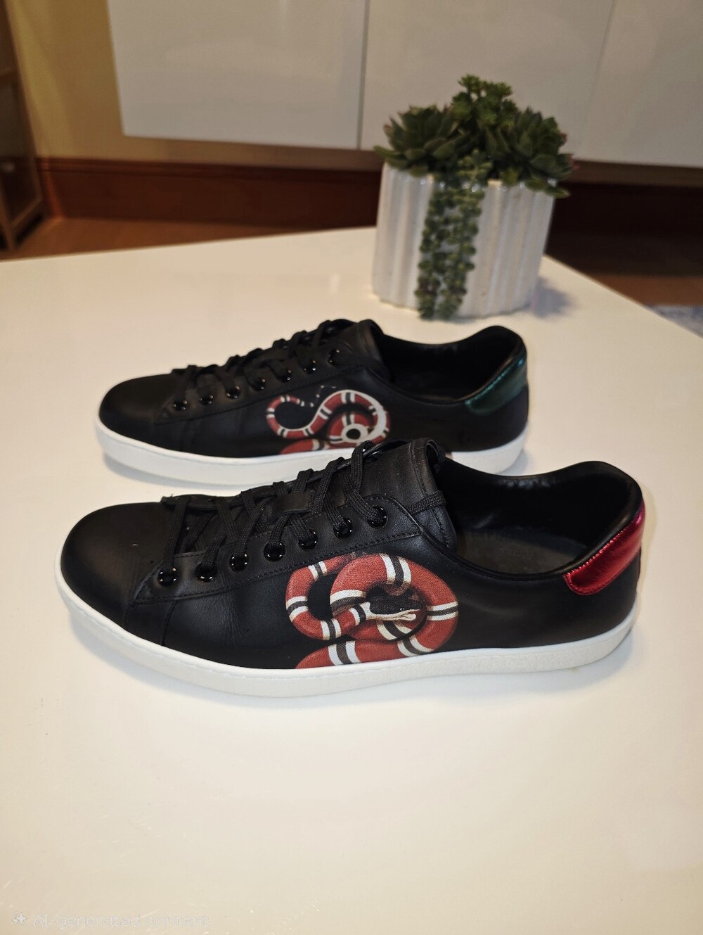 Authentic Gucci Ace Black Leather Sneaker with Red & Green Detail and Kingsnake